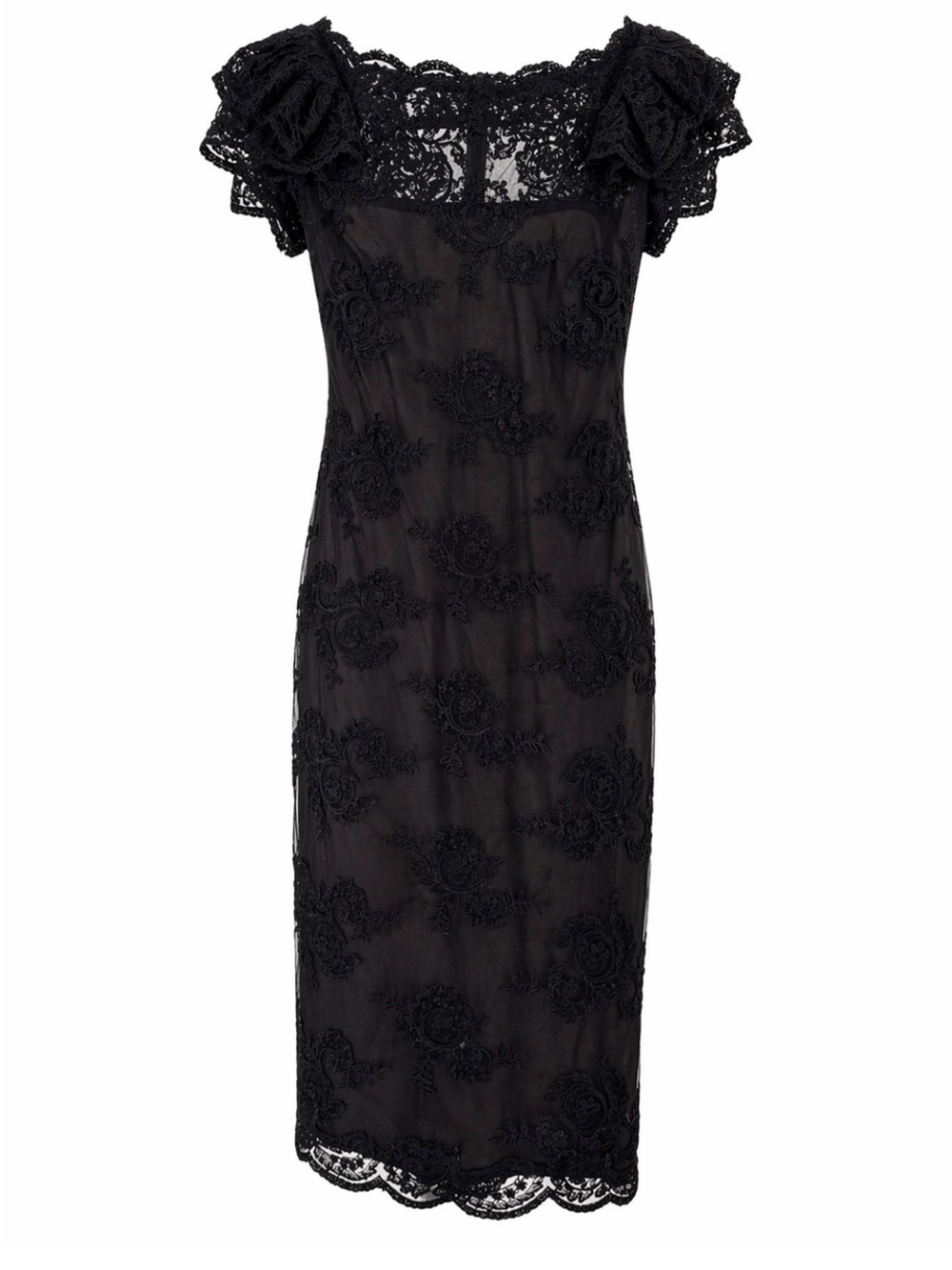 Marchesa Black Lace Midi Dress with Floral Appliqué